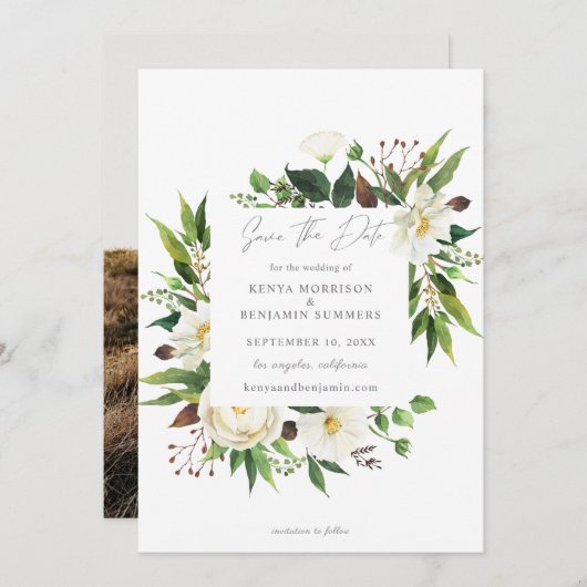White Floral & Greenery Save the Date Photo Kaart (Voorkant / Achterkant)