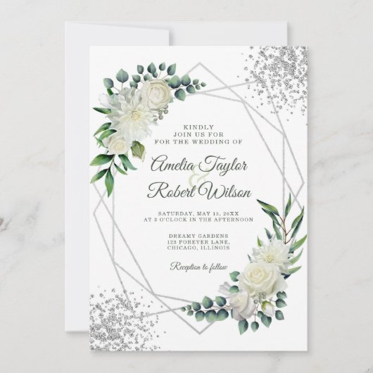 White Floral Greenery Silver Lijst Kaart (Voorkant)