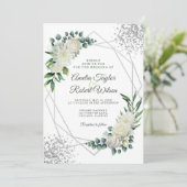 White Floral Greenery Silver Lijst Kaart (Staand voorkant)