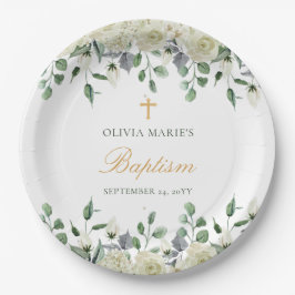 White Floral Greenery Simple Modern Baptisme Papieren Bordje