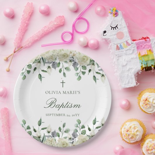 White Floral Greenery Simple Modern Baptisme Papieren Bordje (Feest)