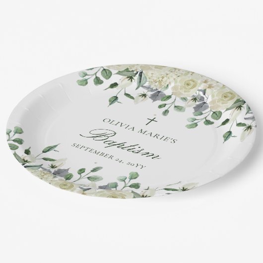 White Floral Greenery Simple Modern Baptisme Papieren Bordje (Gekanteld)