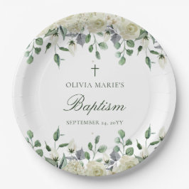 White Floral Greenery Simple Modern Baptisme Papieren Bordje
