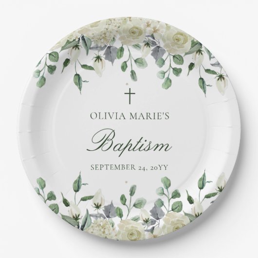 White Floral Greenery Simple Modern Baptisme Papieren Bordje (Voorkant)