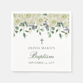 White Floral Greenery Simple Modern Baptisme Servet