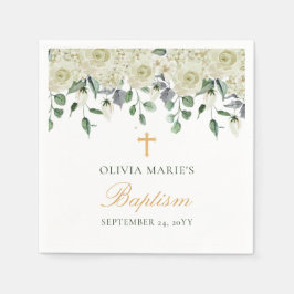 White Floral Greenery Simple Modern Baptisme Servet
