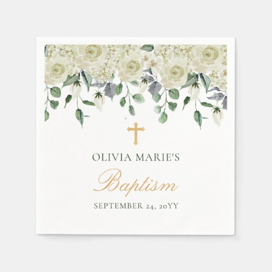 White Floral Greenery Simple Modern Baptisme Servet (Voorkant)