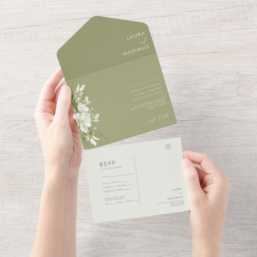 White Floral Greenery Wedding All In One Uitnodiging (Afscheurbaar)