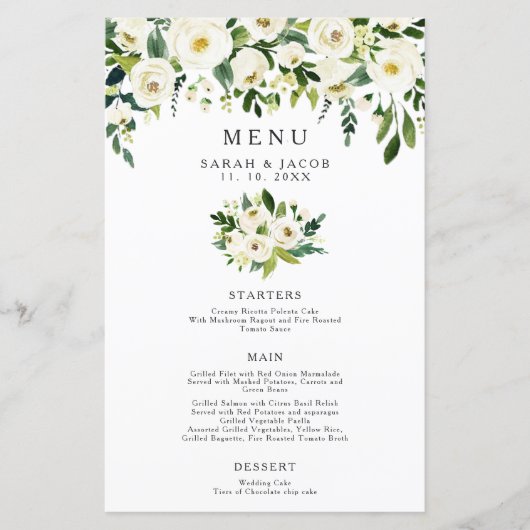 White Floral Greenery Wedding Menu (Voorkant)