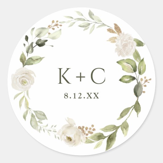White Floral Greenery Wedding Ronde Sticker (Voorkant)