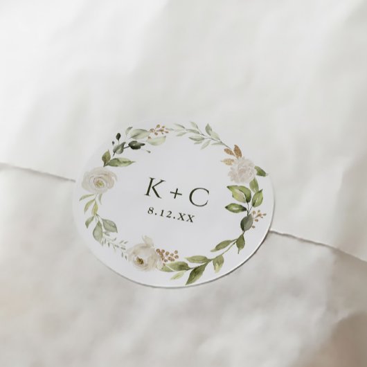 White Floral Greenery Wedding Ronde Sticker