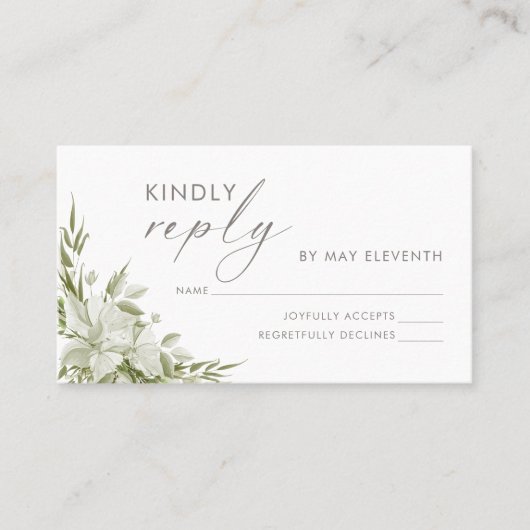 White Floral Greenery Wedding RSVP Invoegen Visitekaartje (Voorkant)