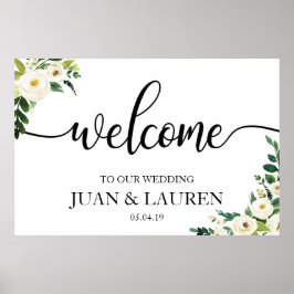 White Floral Greenery Wedding Welcome Sign Poster