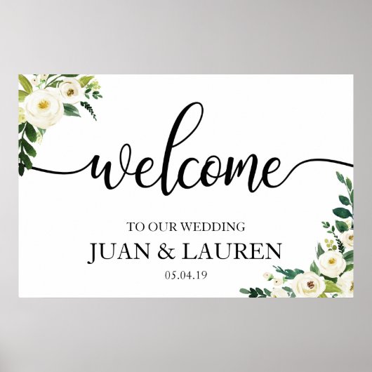 White Floral Greenery Wedding Welcome Sign Poster (Voorkant)