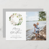 White Floral Greenery Wreate kerstfoto Feestdagenkaart (Voorkant / Achterkant)