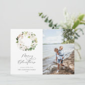 White Floral Greenery Wreate kerstfoto Feestdagenkaart (Staand voorkant)