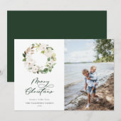 White Floral Greenery Wreate kerstfoto Feestdagenkaart (Voorkant / Achterkant)