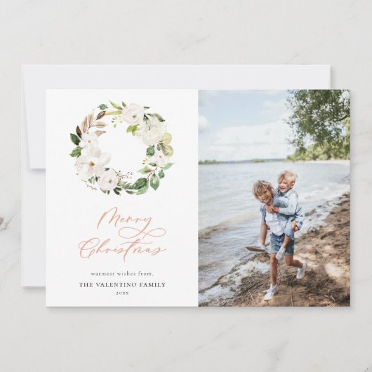 White Floral Greenery Wreate kerstfoto Feestdagenkaart (Voorkant)