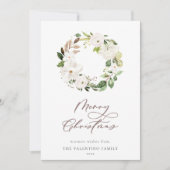 White Floral Greenery Wreate kerstscript Feestdagenkaart (Voorkant)