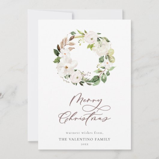 White Floral Greenery Wreate kerstscript Feestdagenkaart (Voorkant)