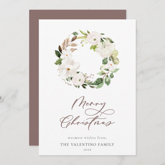 White Floral Greenery Wreate kerstscript Feestdagenkaart (Voorkant / Achterkant)