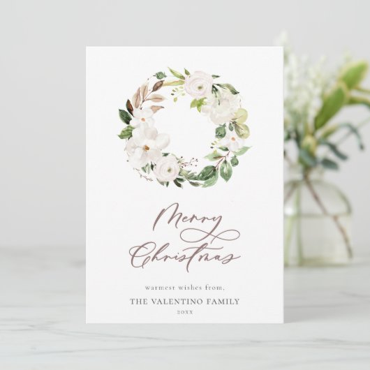 White Floral Greenery Wreate kerstscript Feestdagenkaart (Staand voorkant)