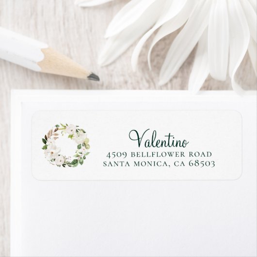 White Floral Greenery Wreats Return Address Labels (Insitu)