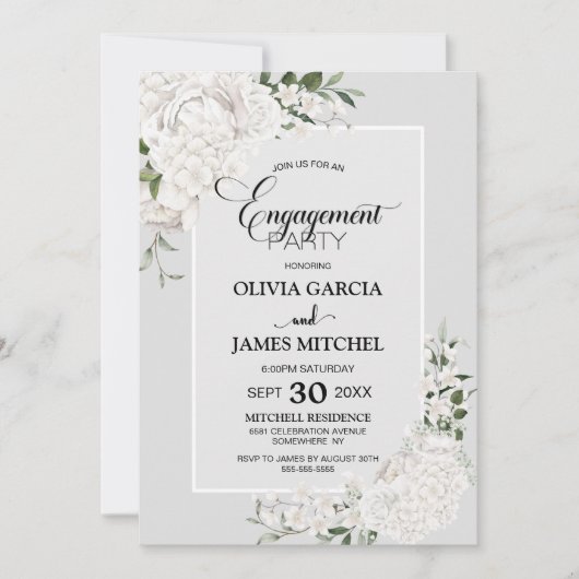 White Floral Grey Custom Photo Engagement Party Kaart (Voorkant)