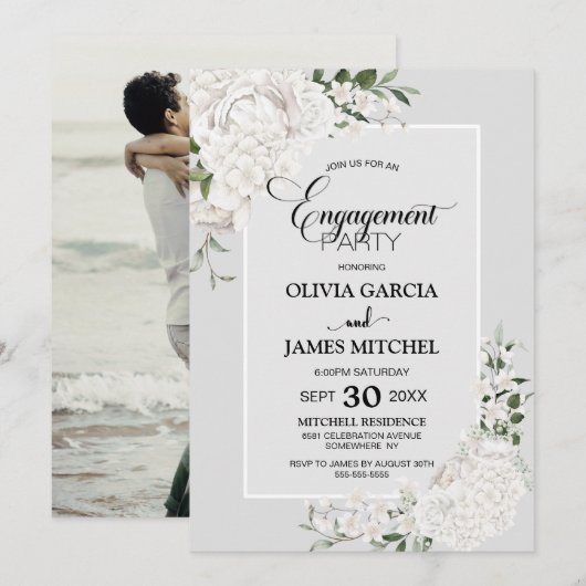 White Floral Grey Custom Photo Engagement Party Kaart (Voorkant / Achterkant)