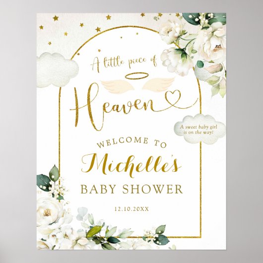 White Floral Heaven Baby shower Welkomstbord Poster (Voorkant)