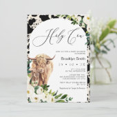 White Floral Highland Koe Baby shower Kaart (Staand voorkant)