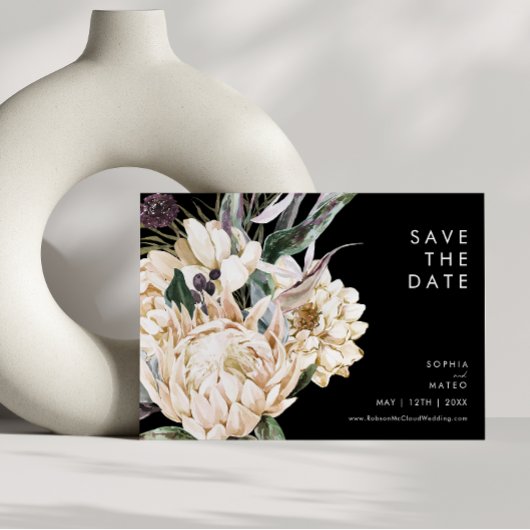 White Floral | Horizontaal zwart sparen de Datum Save The Date