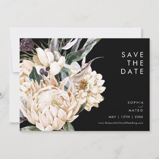 White Floral | Horizontaal zwart sparen de Datum Save The Date (Voorkant)