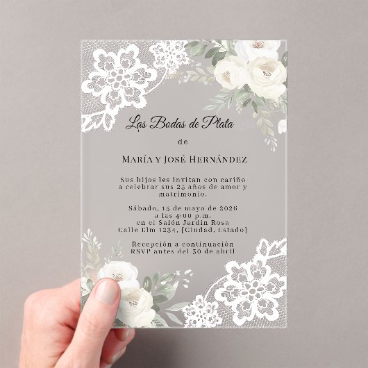 White Floral Lace Invitación Bodas de Plata Acryl Uitnodigingen (Insitu (Draagbaar))