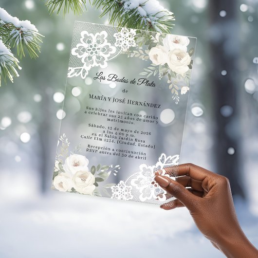 White Floral Lace Invitación Bodas de Plata Acryl Uitnodigingen