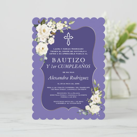 White Floral Lavender Spain 1st Birthday Baptisme Kaart (Staand voorkant)