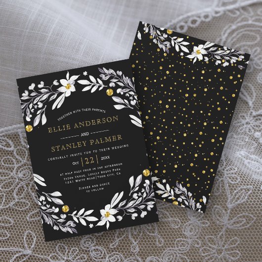 White floral lijst gold confetti black bruilinv kaart
