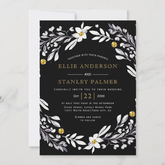 White floral lijst gold confetti black bruilinv kaart (Voorkant)