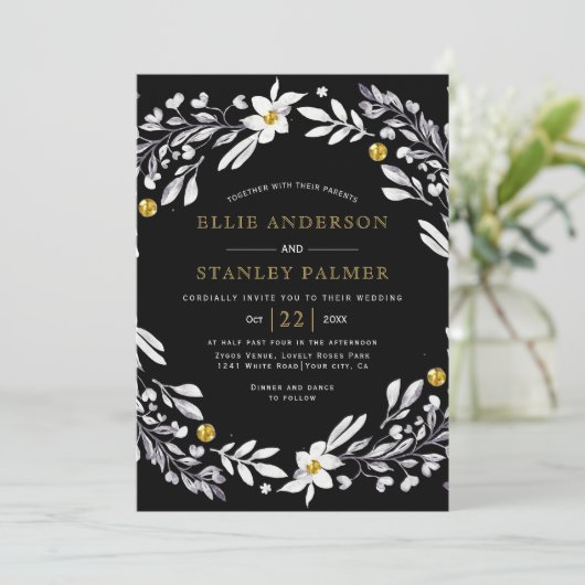 White floral lijst gold confetti black bruilinv kaart (Staand voorkant)