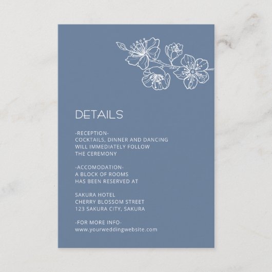 White Floral Line Art Dusty Blue Wedding Informatiekaartje (Voorkant)