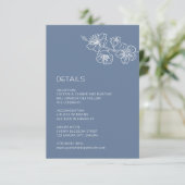 White Floral Line Art Dusty Blue Wedding Informatiekaartje (Staand voorkant)