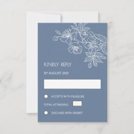 White Floral Line Art Dusty Blue Wedding RSVP Kaartje