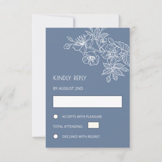 White Floral Line Art Dusty Blue Wedding RSVP Kaartje (Voorkant)