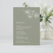 White Floral Line Art Sage Green Wedding Informatiekaartje (Staand voorkant)