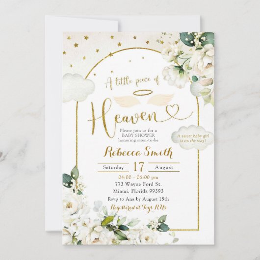 White Floral Little Piece of Heaven Baby shower Kaart (Voorkant)