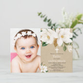 White floral magnolia gender-neutraal baptisme fot kaart (Staand voorkant)