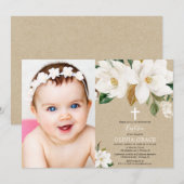White floral magnolia gender-neutraal baptisme fot kaart (Voorkant / Achterkant)
