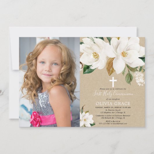 White floral magnolia rustic first communiqué foto kaart (Voorkant)