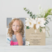 White floral magnolia rustic first communiqué foto kaart (Staand voorkant)