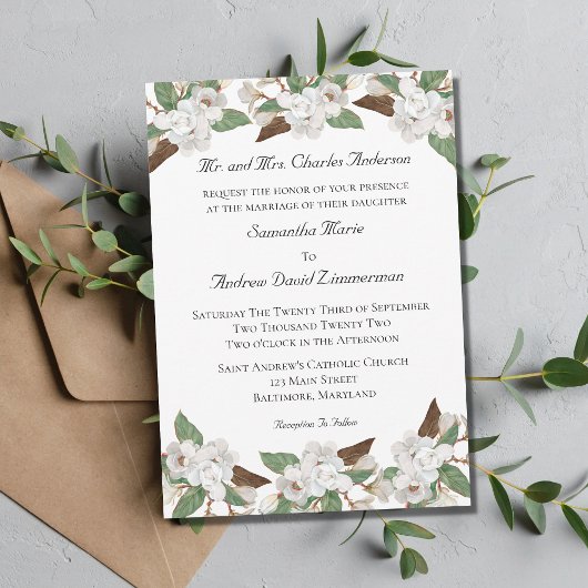White Floral Magnolias Formal Elegant Wedding Kaart